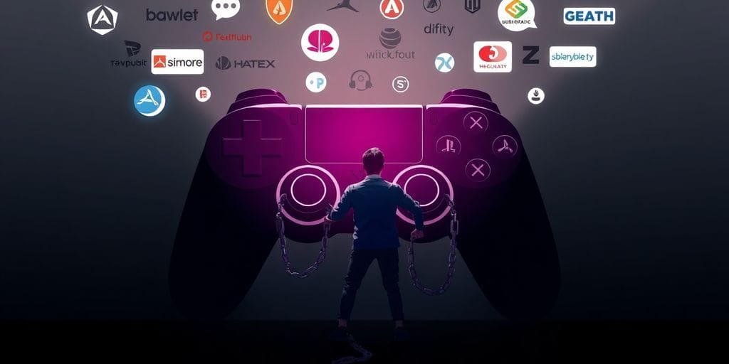 Developer chained to a game controller with subscription logos.