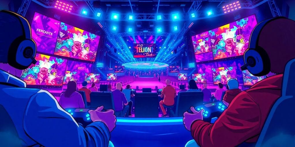 Esports broadcast with vibrant game action.