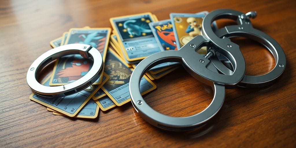 Pokémon cards and handcuffs in a courtroom.