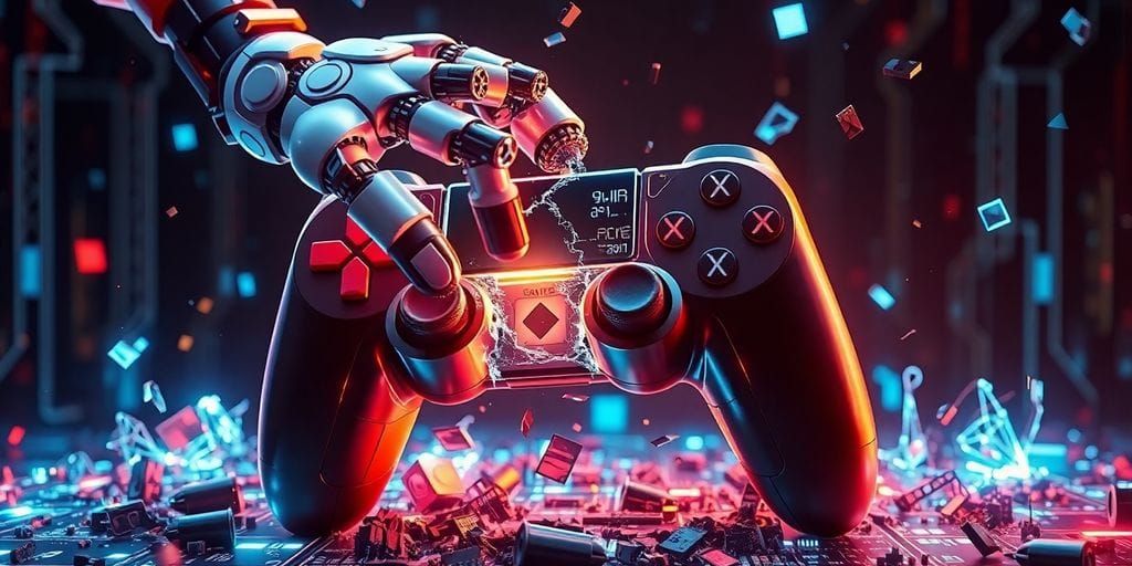 Robotic arm dismantling a video game controller.