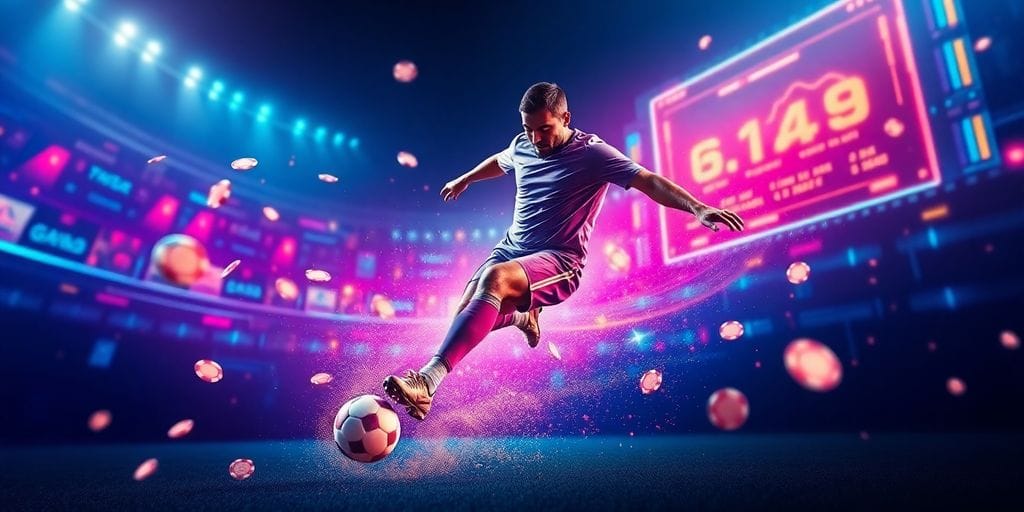 Football player kicking ball, poker chips, and glowing digital game elements.