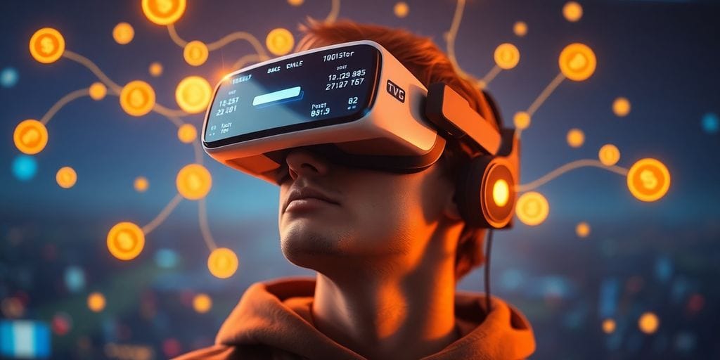 Gamer using VR headset, receiving glowing digital tokens.