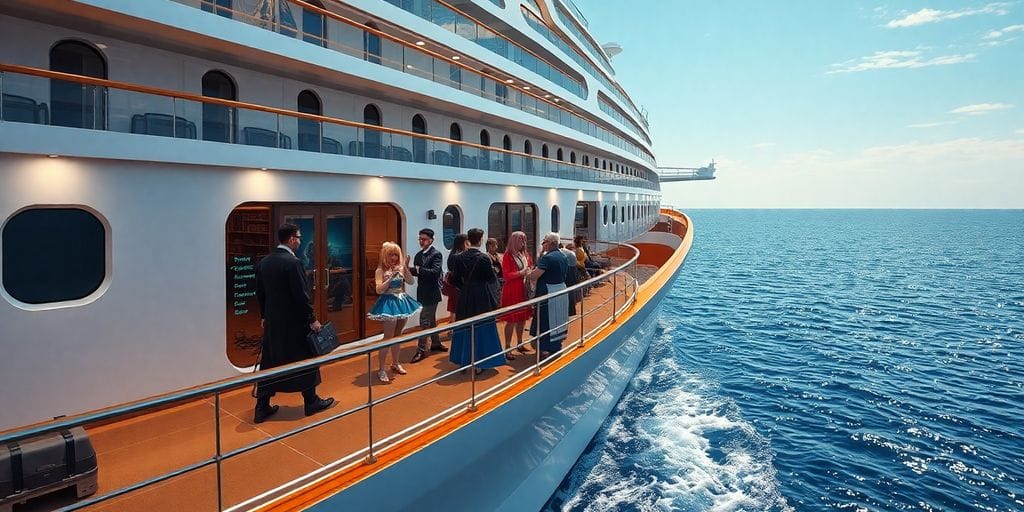 Gamer cruise ship with colorful cosplay characters on deck.
