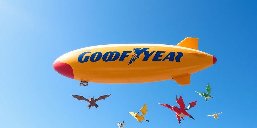 Goodyear Blimp flying with Pokémon characters.