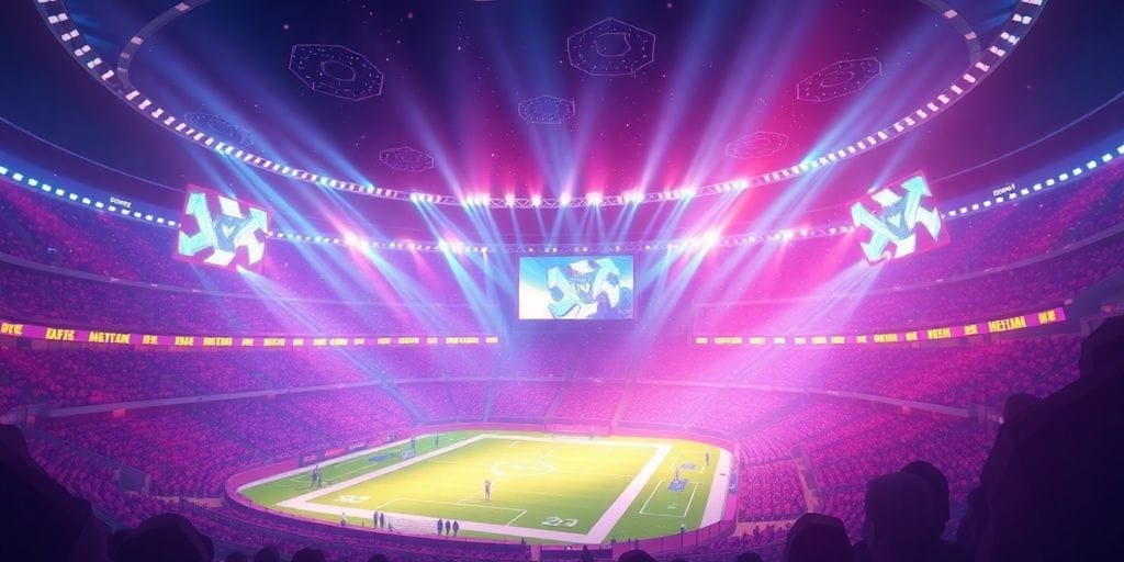 Illustrated stadium with glowing LoL esports symbols.