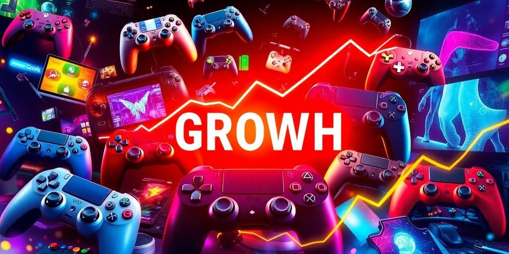 Diverse game controllers and vibrant digital art.