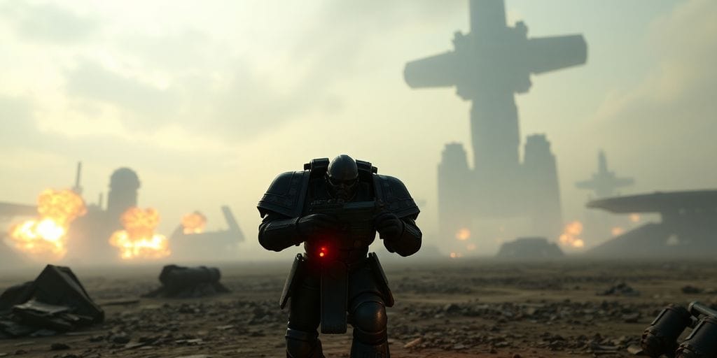 Space Marine charging into a battlefield on Kronus.