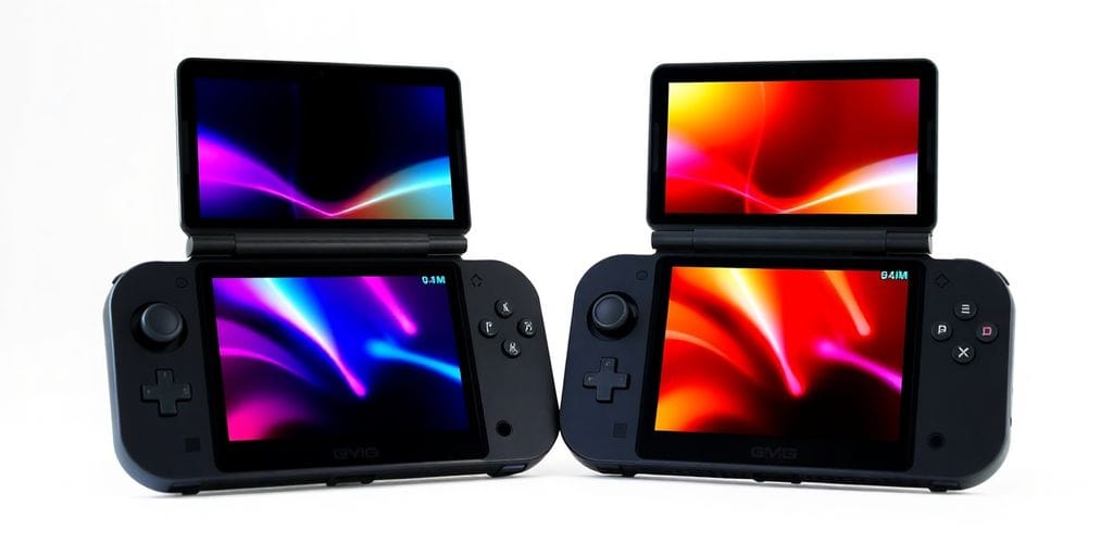 Dual-screen handheld gaming devices with illuminated screens.