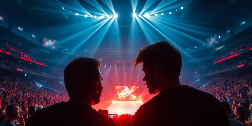 Esports championship grand final with focused players and excited crowd.