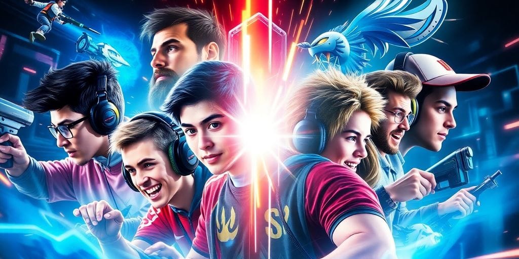 Esports champions in action with glowing game effects.