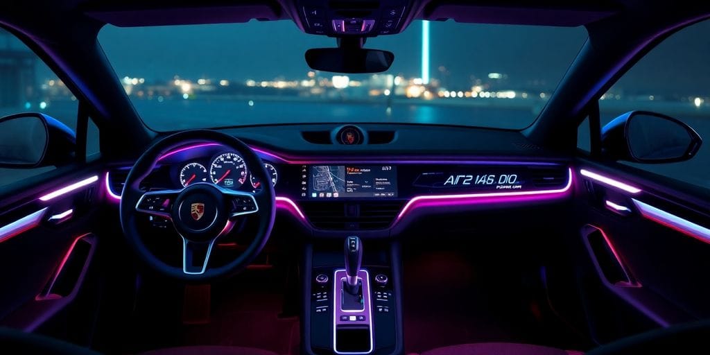 Porsche Macan Electric interior with illuminated screens.