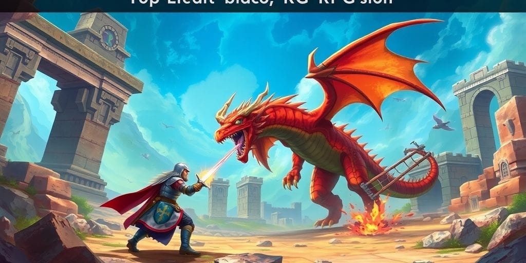 Fantasy knight fighting dragon in ruins, game art.