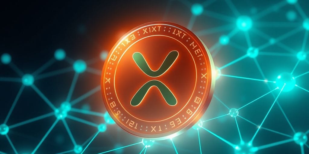XRP coin with digital network and growth elements.