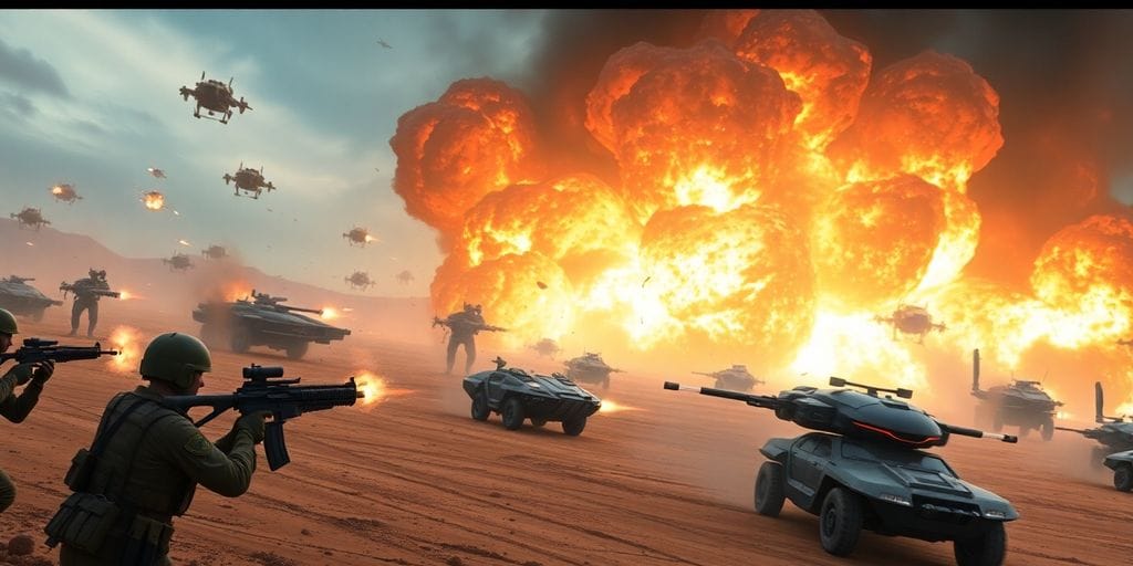 Soldiers in dynamic combat amidst explosions and futuristic vehicles.
