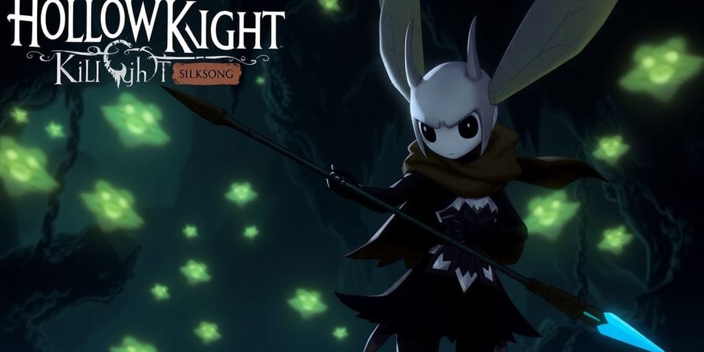 Hornet holding her needle in a glowing cavern.