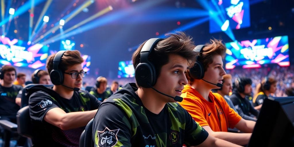 Esports players battling in a futuristic arena.