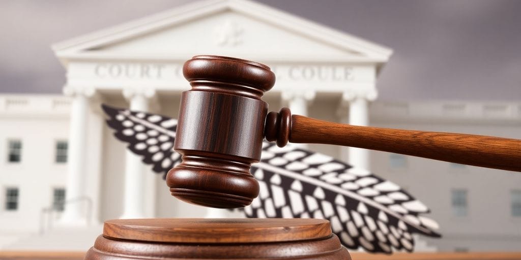 Gavel striking sound block over tribal and state seals.