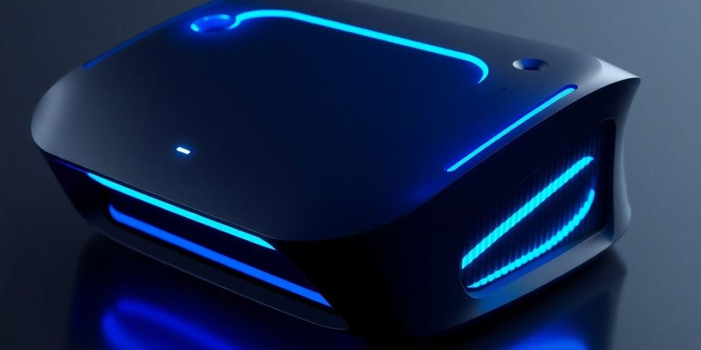 Solana PSG1 console in sleek black with glowing blue accents.