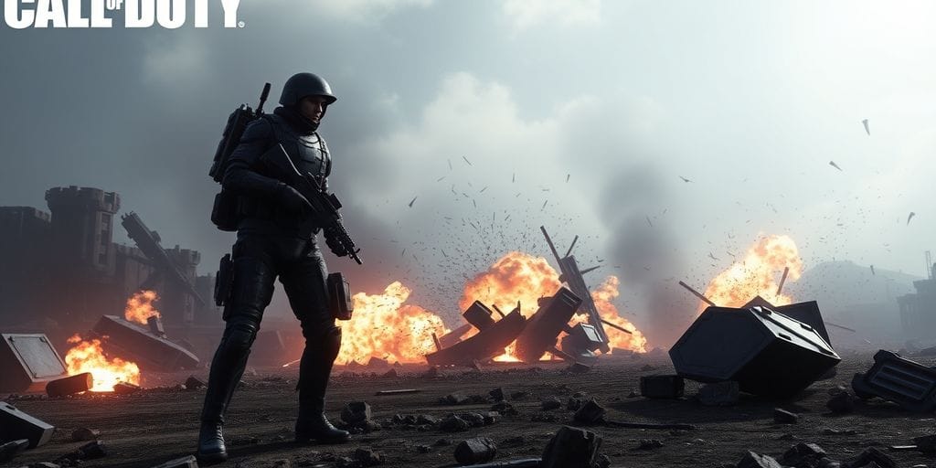 Black Ops 7 battlefield with futuristic soldier and explosive action.