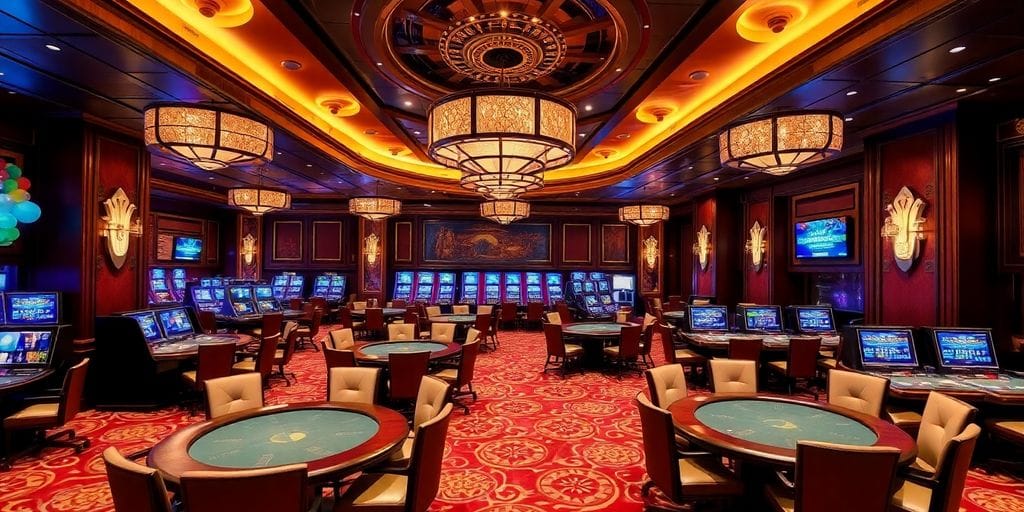 Upscale casino interior with plush seating and opulent decor.