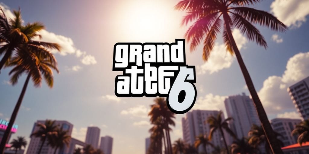 GTA 6 logo with a vibrant Miami skyline background.