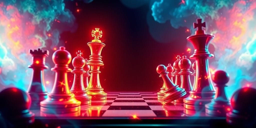 Chess pieces on a dynamic, glowing board.