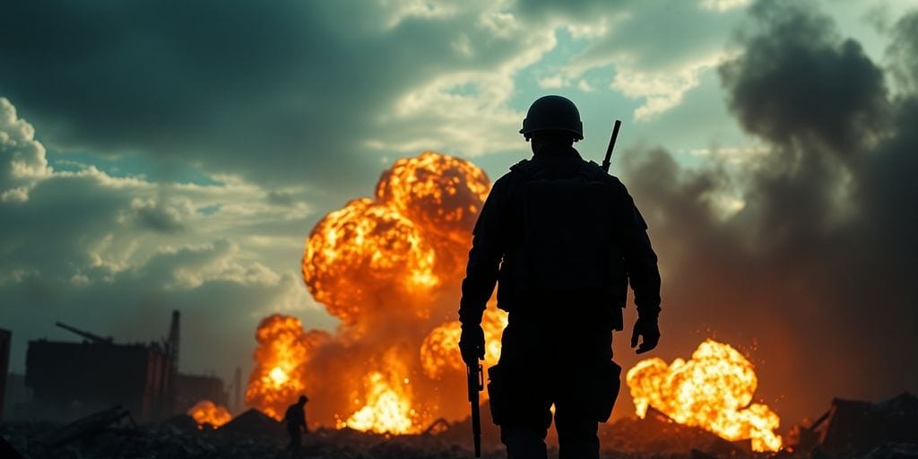 Battlefield soldier in fiery battlefield.