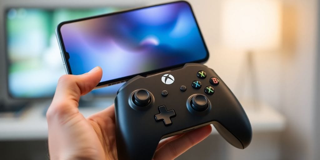 Xbox controller and smartphone in hand.