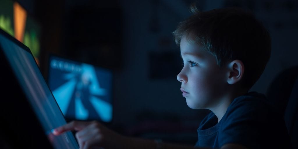 Boy playing video game intensely, illuminated by screen