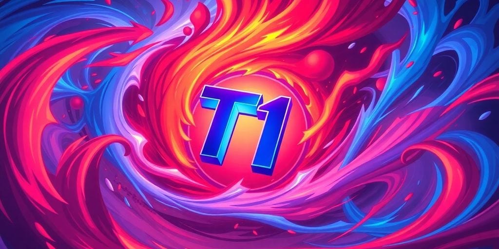 T1 logo glowing amidst blue and red League of Legends game elements.
