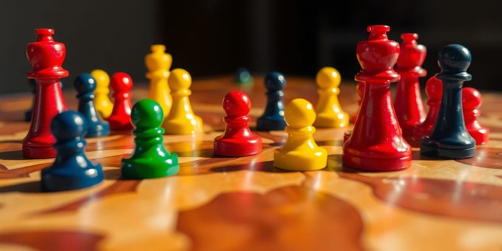 Glossy game pieces scattered on a vibrant board.