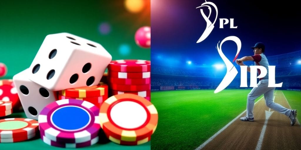 Gambling icons and IPL cricket imagery collide.