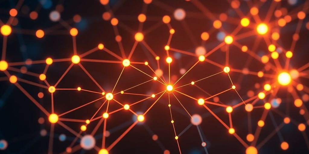 Abstract digital network with glowing nodes and connections.