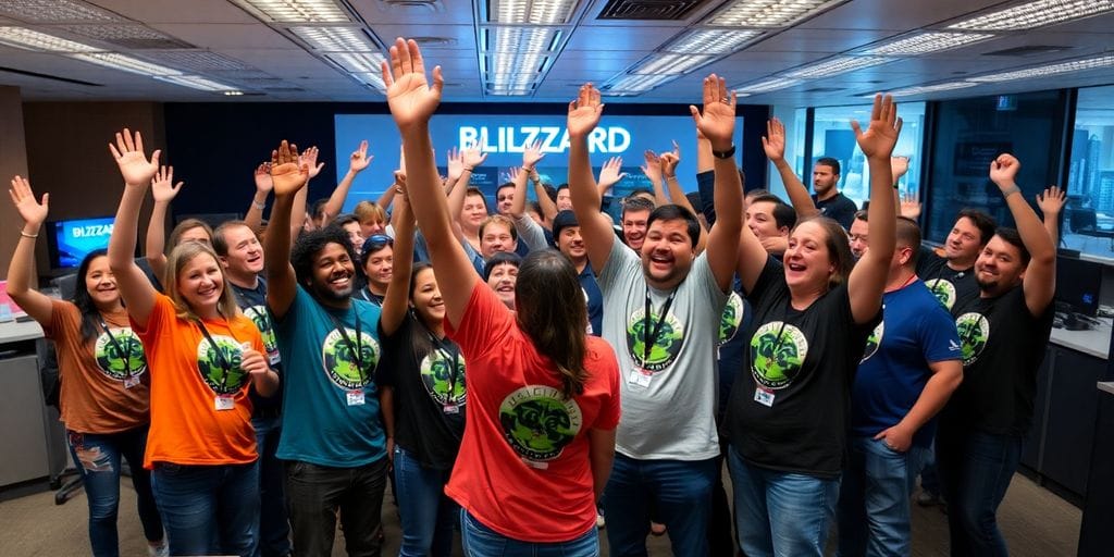 Blizzard Irvine employees celebrating unionization victory.