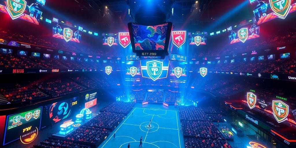 Teams battling on a vibrant, futuristic digital arena.