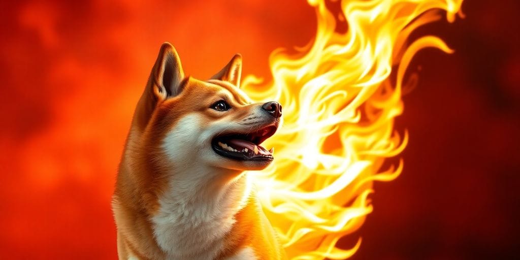 Shiba Inu coin engulfed in flames, suggesting a price surge.