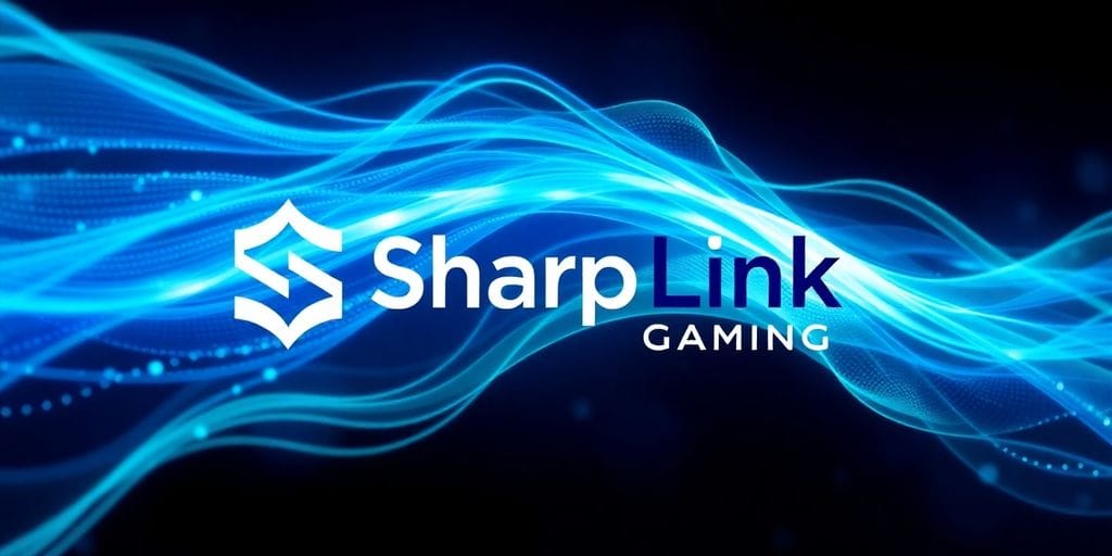 SharpLink Gaming logo with ethereal blue and green digital waves.