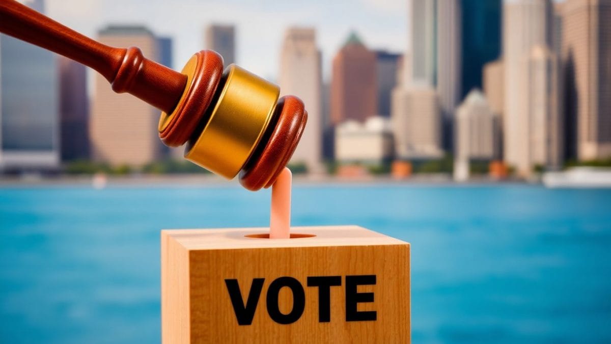 Gavel striking sound block, Chicago cityscape background.