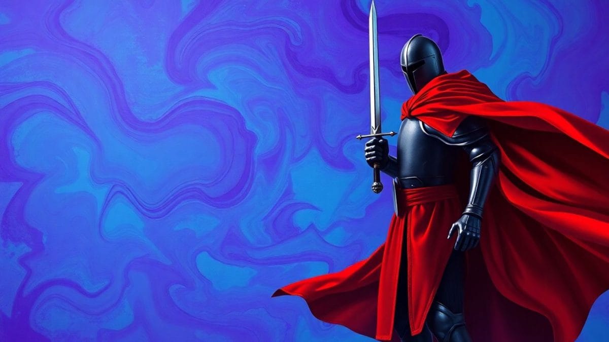 Knight in red cape against swirling blue and purple background.