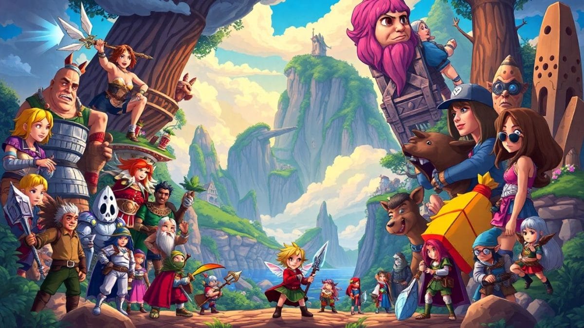 Diverse RPG characters and fantastical landscapes in pixel art.