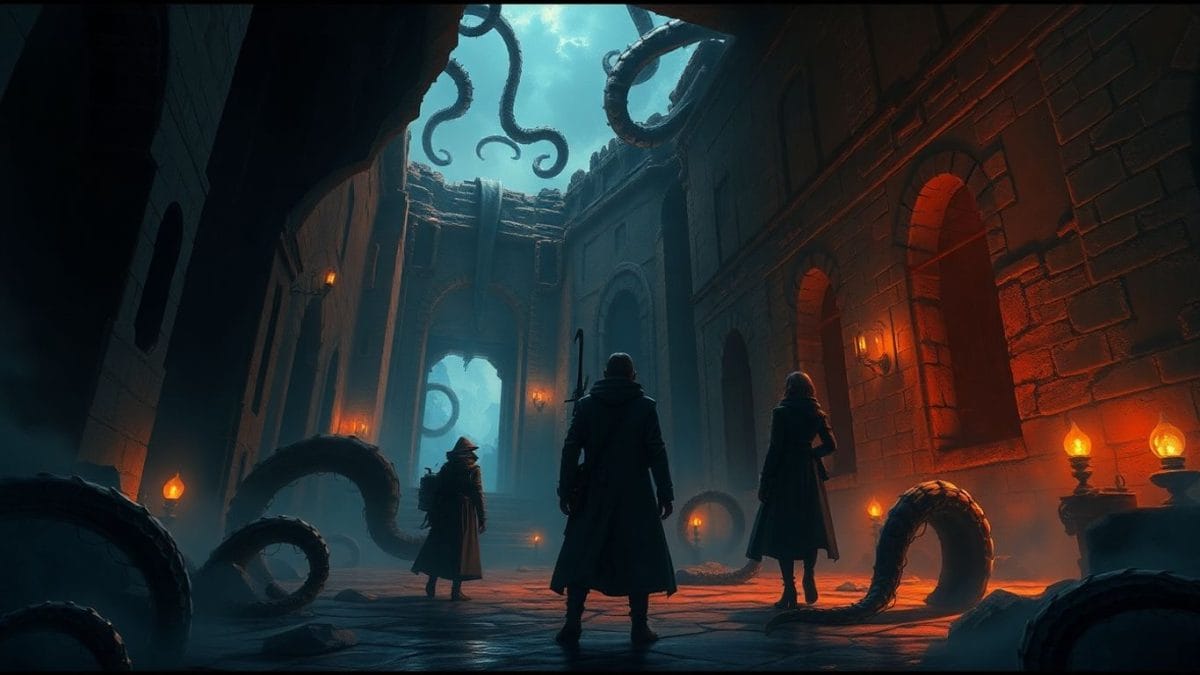 Investigators facing cosmic horror in ancient ruins.