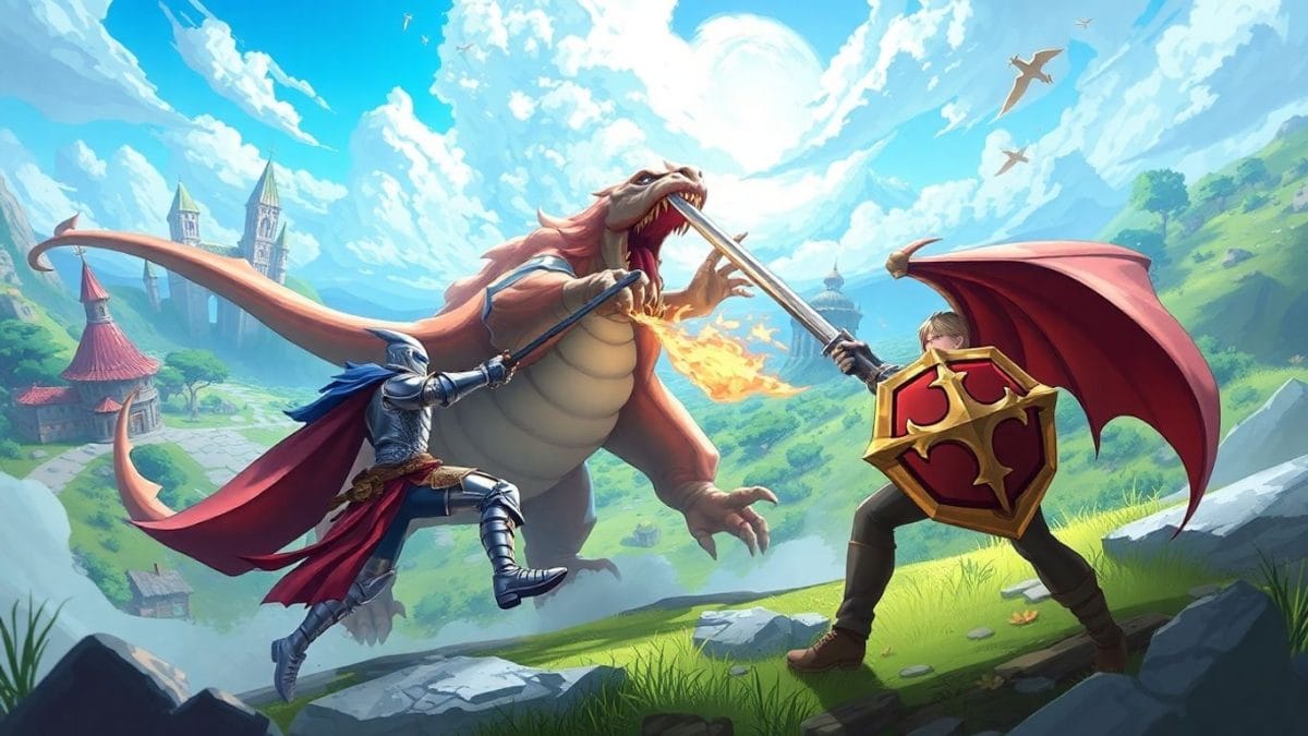Mobile RPG gameplay with knight fighting dragon.