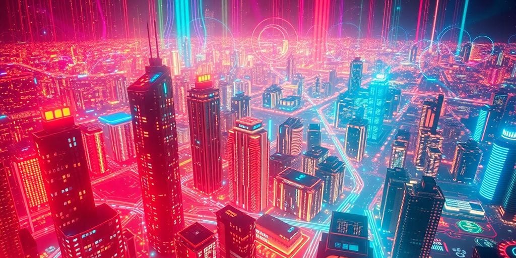 Digital cityscape with glowing circuits and game elements.
