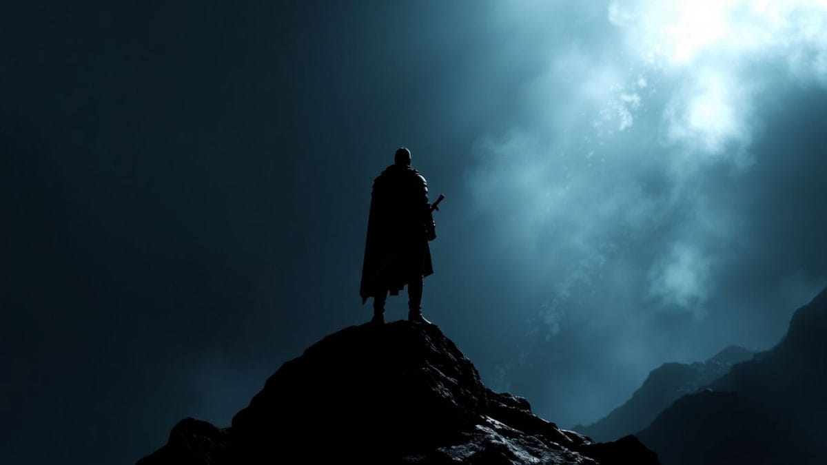 Knight facing a vast, shadowy landscape with ethereal light.