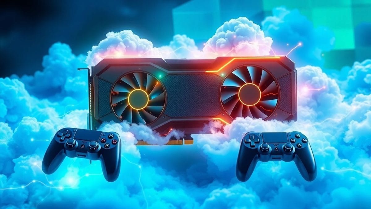 Futuristic graphics card with glowing energy and gaming controllers