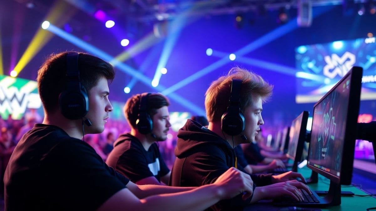 Esports players competing on a brightly lit stage.