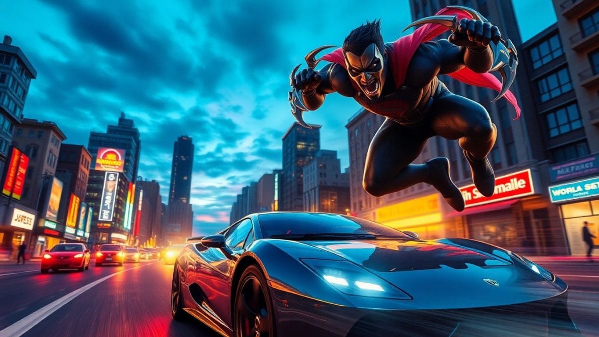 Sports car races as superhero leaps over city skyline.