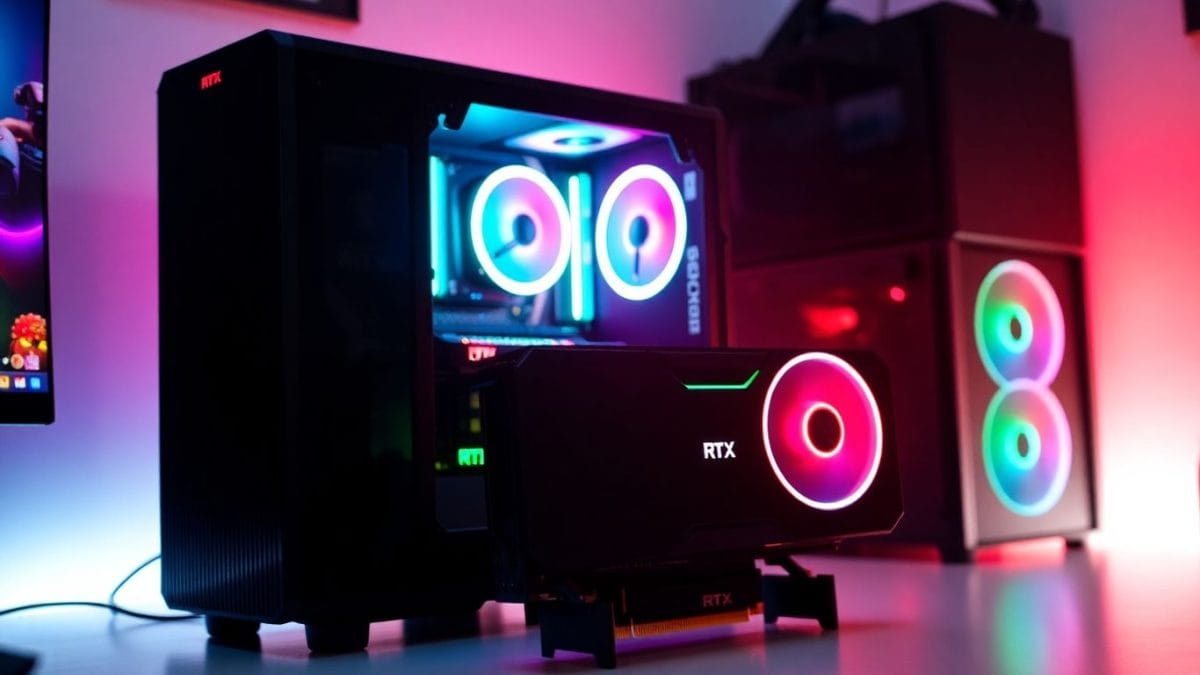 High-end gaming PC with RTX 5090 and RGB lighting.