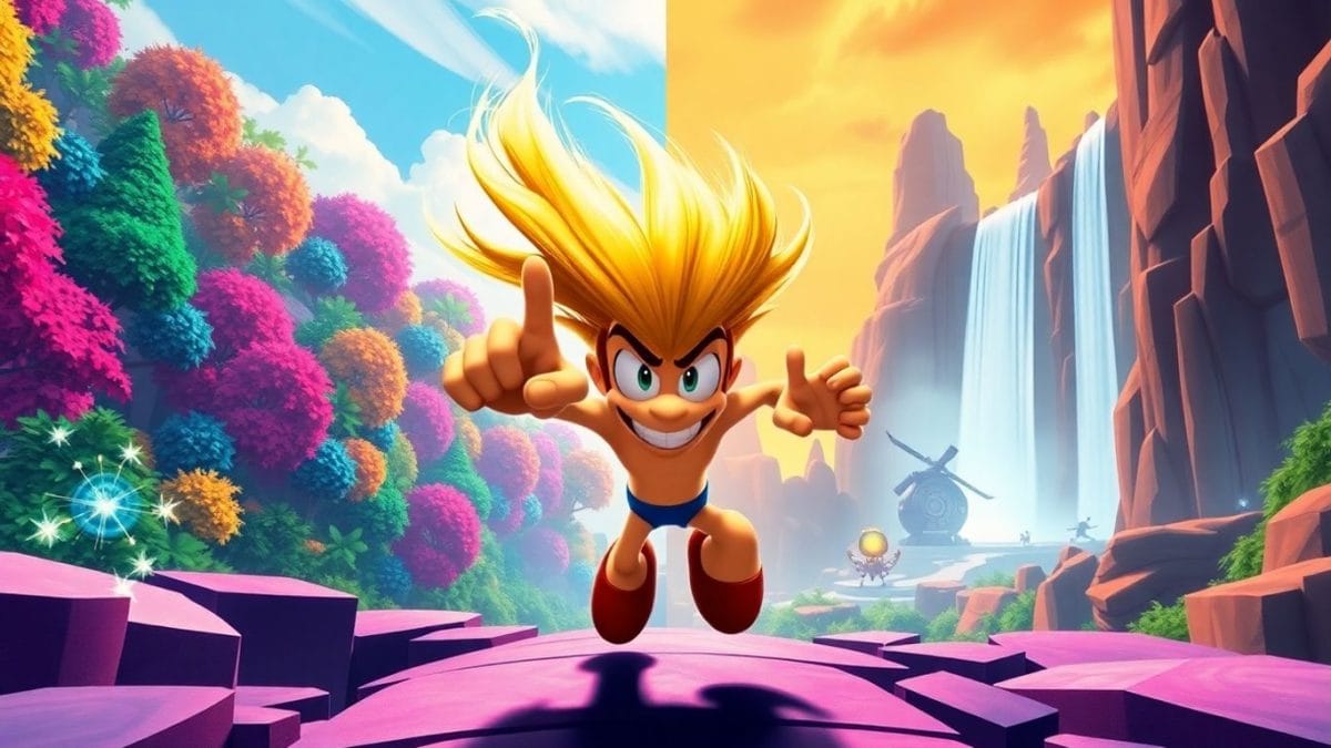 Rayman lunges forward; Lums sparkle; portal glows; cliffs and waterfalls.