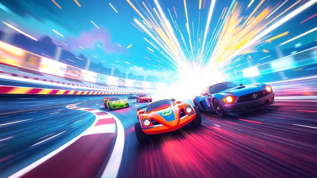 Cartoon cars racing on a vibrant, energetic track.